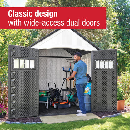 Rubbermaid Resin Outdoor Storage Shed With Floor (7 x 7 Ft) Weather Resistant, White, Organization for Home/Backyard/Garden Tools/Lawn Mower/Bike Storage/Pool Supplies