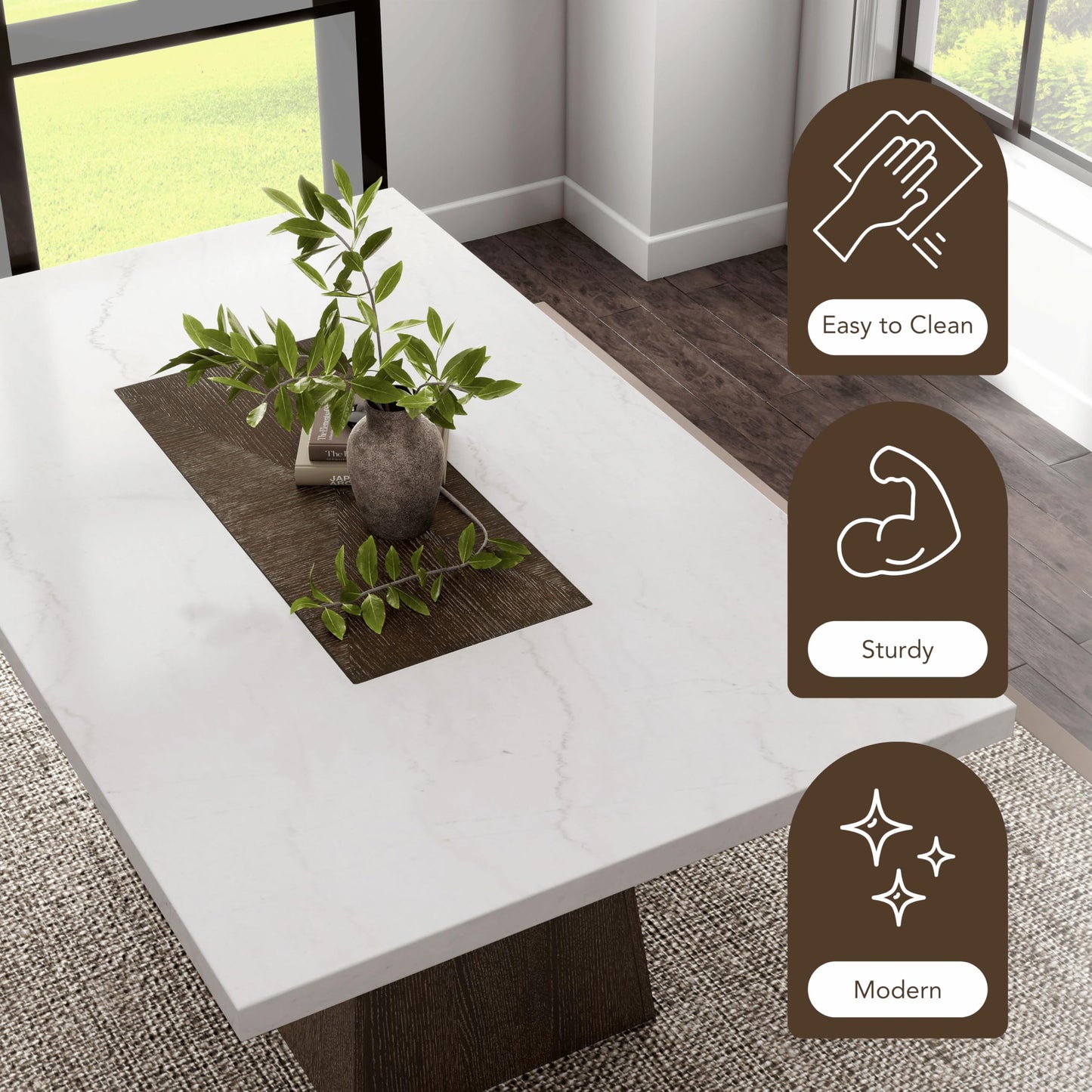 Furniture of America Rafferty Modern Solid Wood 70-inch Rectangle Dining Table with Genuine White Marble Tabletop and Tapered Pedestal Base, Seats up to 6, for Home Kitchen, Living Room, Dark Walnut