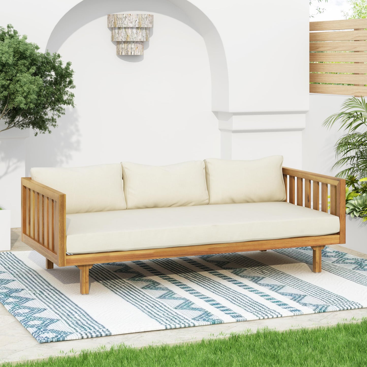 Christopher Knight Home Claremont Outdoor 3 Seater Acacia Wood Daybed with Fabric Water Resistant and Removable Cushions, Patio Garden Poolside Sofa with Slat Paneling Armrest and Back, Teak and Beige