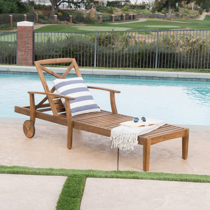 Merax Outdoor Chaise Lounge with Wheels & 5-Position Adjustable Backrest, Acacia Wood Pool Lounge Chairs Patio Loveseat Sun Tanning Chair, 79"x30"x22", Teak