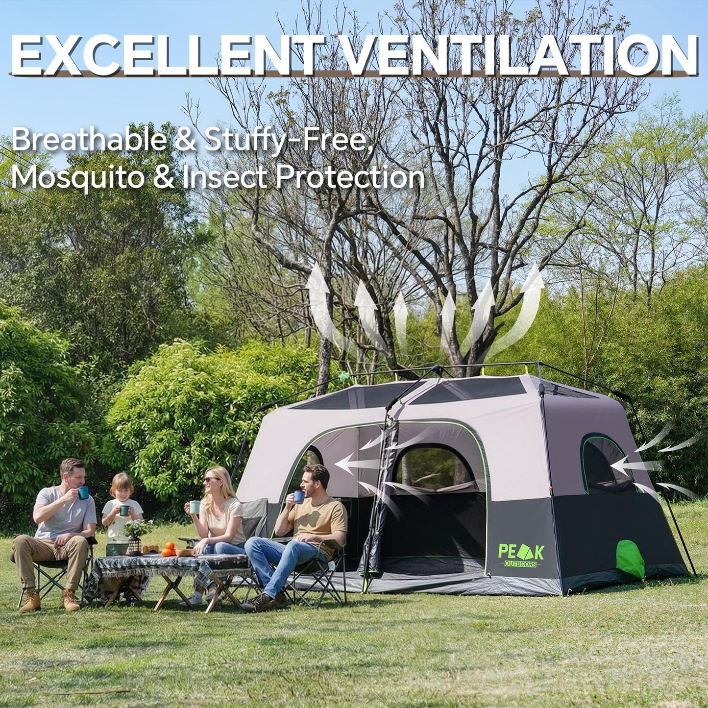 PEAK OUTDOORS Instant Tent 6/8 Person Tents for Camping, 60 Second Easy Setup Portable Camping Cabin Tent with Rainfly, Waterproof Pop Up Tents for Family Camping & Hiking with Expandable Carry Bag