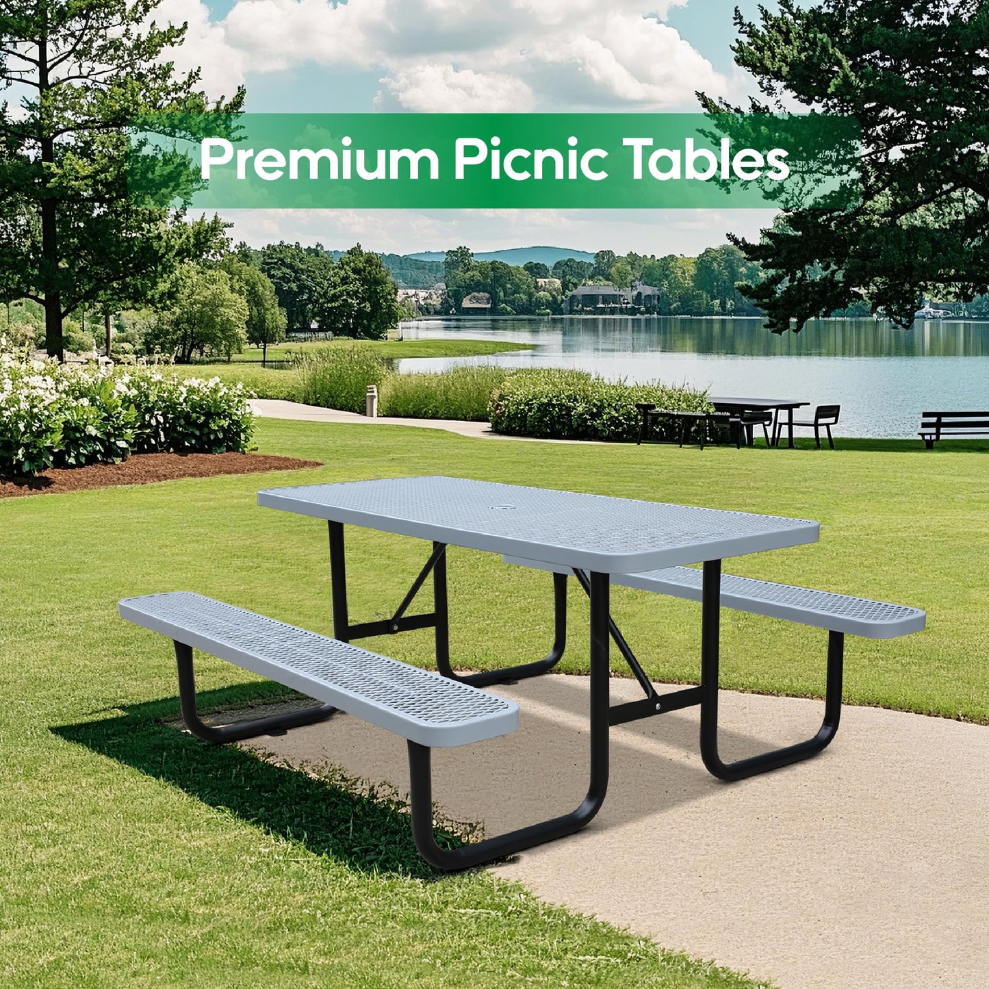 4FT Metal Picnic Tables for Outdoors, Commercial Rectangular Picnic Table and Bench Set for Outside, Patio, Garden, Backyard, Porch, Surface Mount, Grey