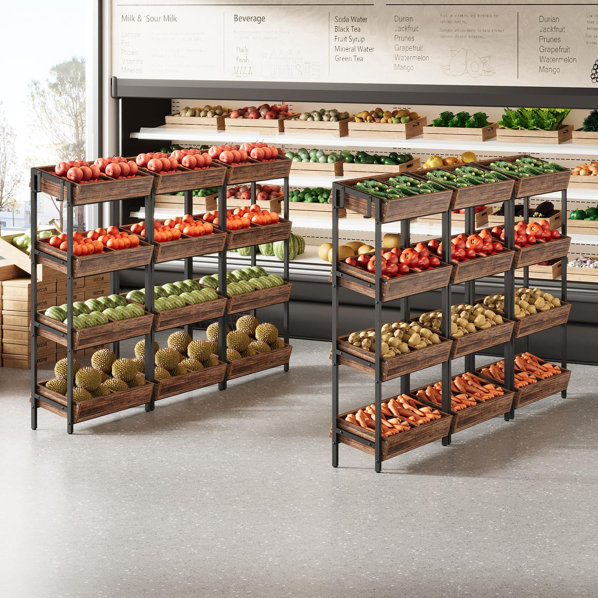 Tribesigns 4-Tier Retail Display Rack Set of 6, Heavy-Duty Commercial Display Stand for Candy, Vegetables, Snacks, Industrial Storage Shelf with Hooks for Retail Store (6, Brown+Black)