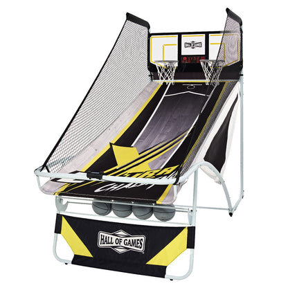 Hall of Games Xtra Long Shot EZ-Fold Premium Arcade Basketball Game with Built-in 4-Ball Storage Rack, Pop Off with The Perfect Basketball Game