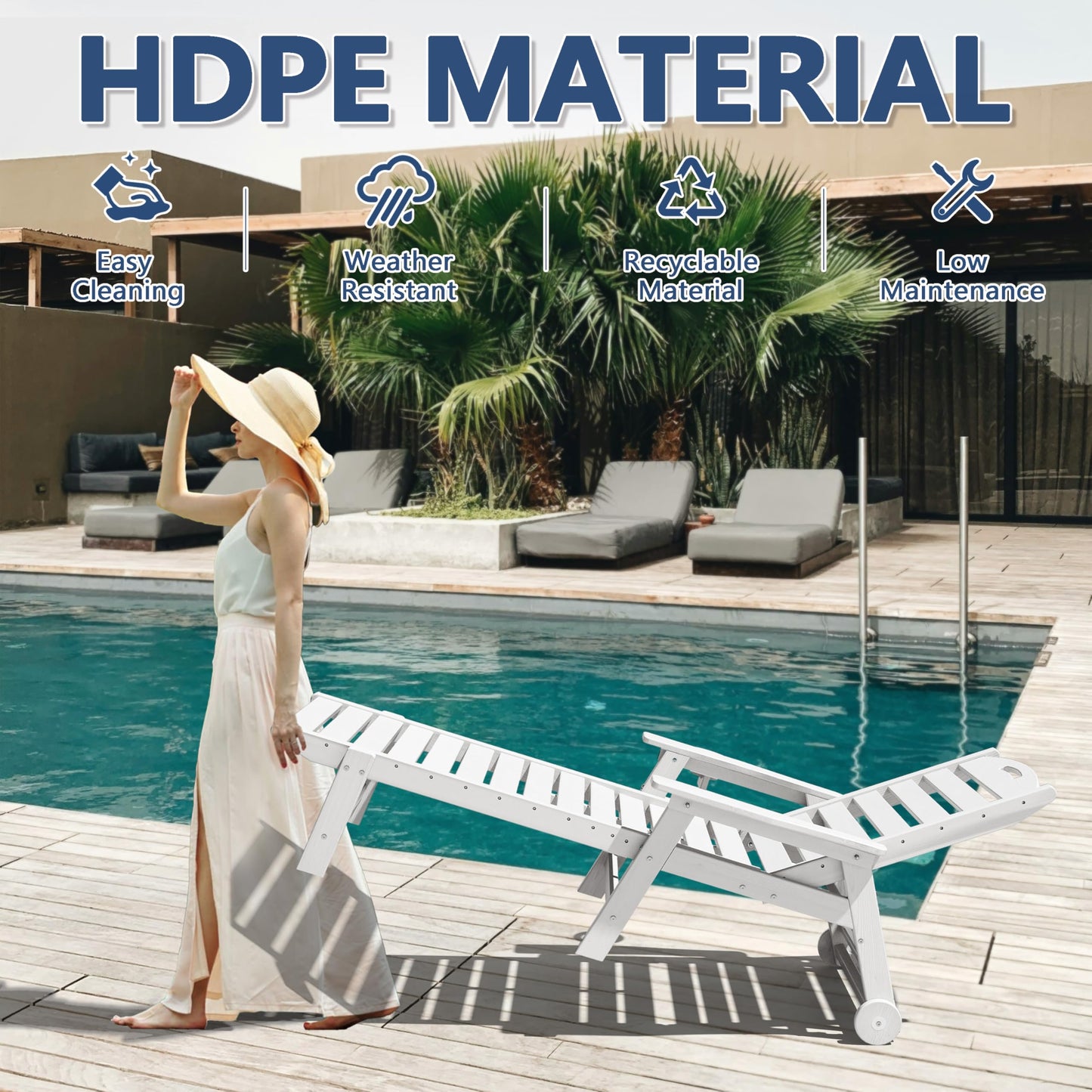 Patio Chaise Lounge Chair Set of 2, HDPE Outdoor Lounge Chairs with 5-Position Adjustable Backrest, Cup Holder and Wheels, 450lbs Capacity for Poolside Deck Backyard, All Weather Material(Gray)