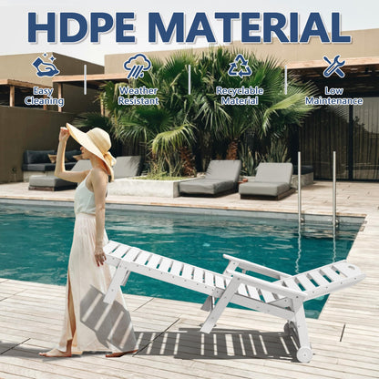 Patio Chaise Lounge Chair Set of 2, HDPE Outdoor Lounge Chairs with 5-Position Adjustable Backrest, Cup Holder and Wheels, 450lbs Capacity for Poolside Deck Backyard, All Weather Material(Gray)