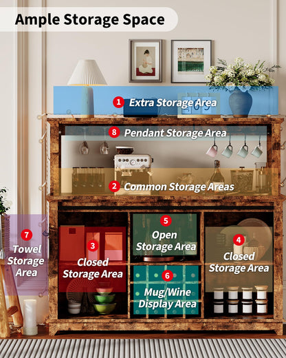 Hetoy Farmhouse Coffee Bar Cabinet 55" Tall with Sliding Barn Door, LED Light, Power Outlet – Storage Drawers, 12-Bottle Wine Rack, Ideal Coffee Hutch for Dining Room or Home Bar