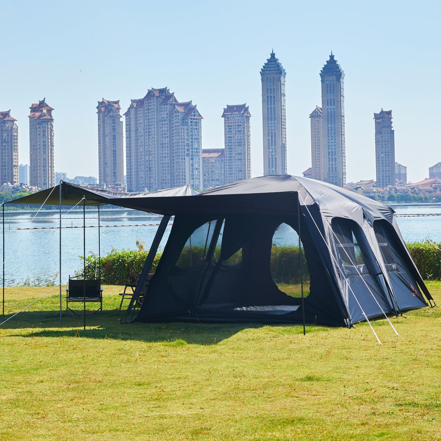 KTT Extra Large Tent 12 Person,Family Cabin Tents,Awning,2 Rooms,4 Doors and 4 Windows with Mesh,Straight Wall,Waterproof,Double Layer,Big Tent for Outdoor,Picnic,Camping,Family Gathering(Black)