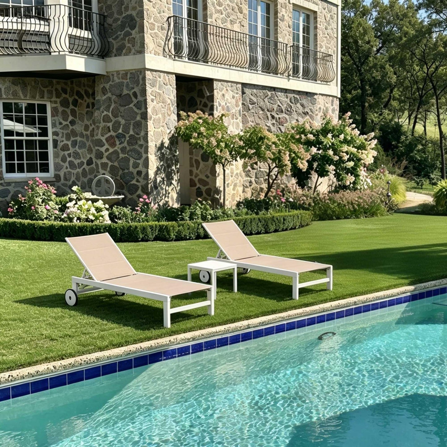 PURPLE LEAF Outdoor Chaise Lounge Set Elderly-Friendly Straight Legs Adjustable Sunbathing Recliner with Side Table for Back Support Patio Poolside Beach Lounge Chairs Khaki