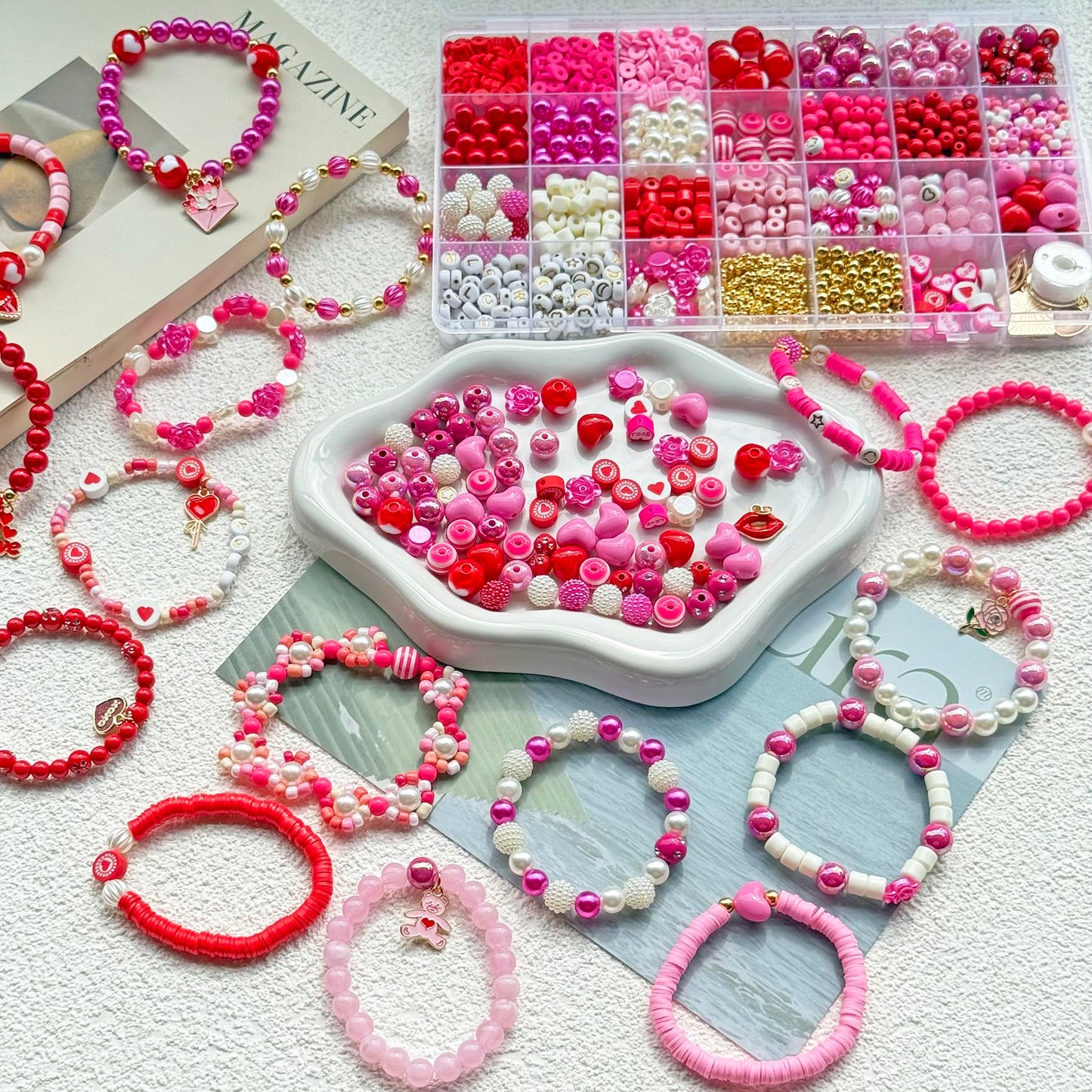 1800PCS+ Valentine’s Day Beads for Bracelets Jewelry Making Set, Pink Red Polymer Clay Beads Assorted Pearl Acrylic Heart Bead Letter Spacer Flower Bead and Heart Charms for Necklace Bracelets Making