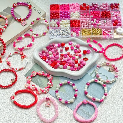 1800PCS+ Valentine’s Day Beads for Bracelets Jewelry Making Set, Pink Red Polymer Clay Beads Assorted Pearl Acrylic Heart Bead Letter Spacer Flower Bead and Heart Charms for Necklace Bracelets Making