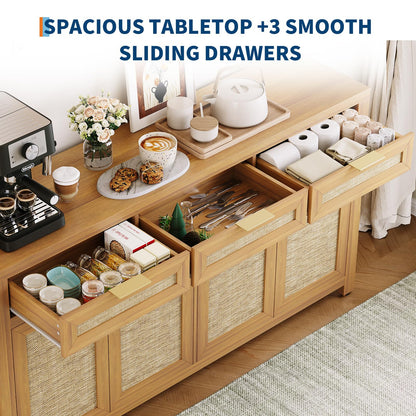 IDEALHOUSE Kitchen Sideboard Buffet Cabinet with Storage, 63in Large Farmhouse Wood Coffee Bar Credenza Cabinet with 3 Drawers and 4 Doors Adjustable Shelves for Living Room, Light Oak