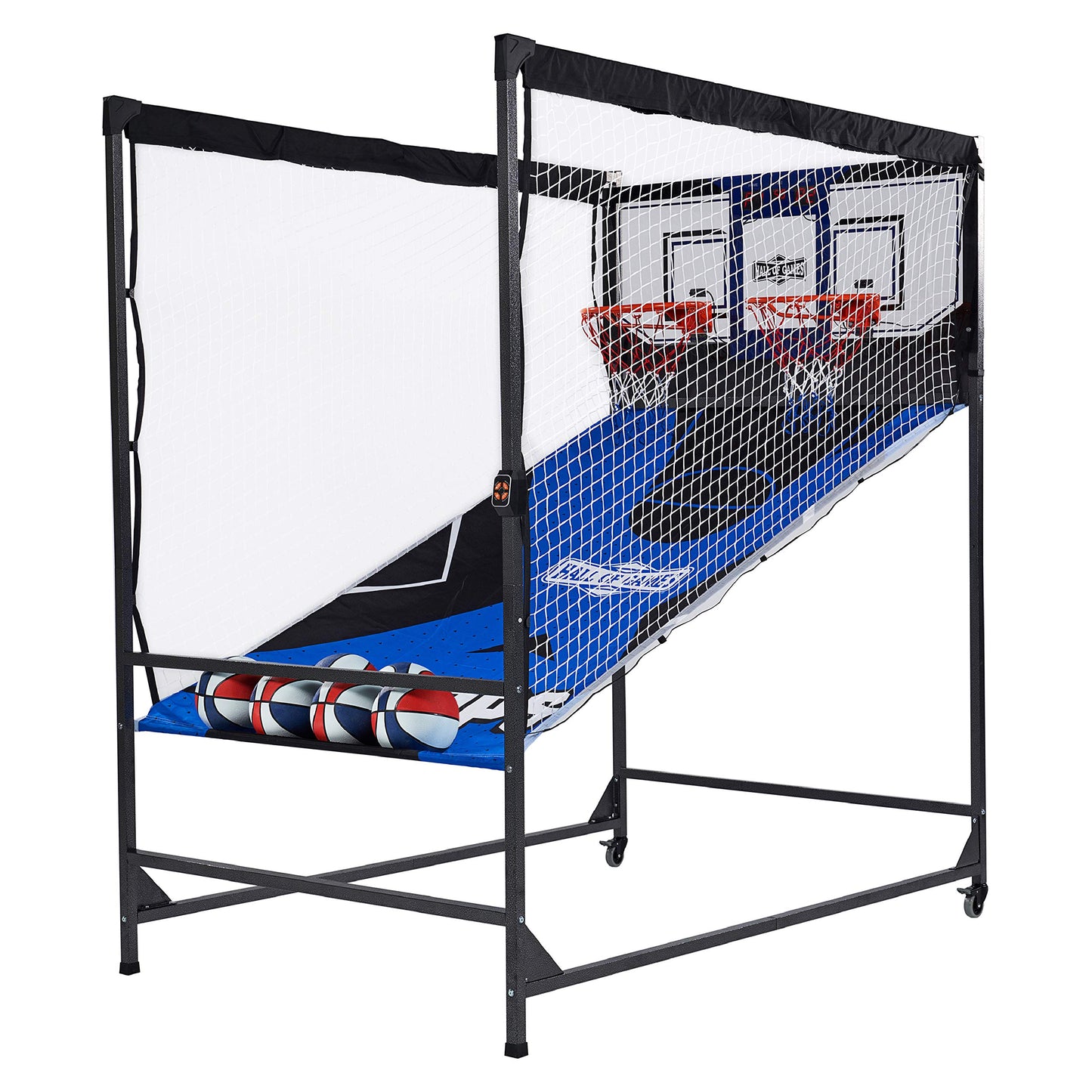 Hall of Games Premium Arcade Cage Basketball Game with Steel Frame and Polycarbonate Backboard, Dual Shot LED Scoring with 6 Size 8.5 Inch Basketballs