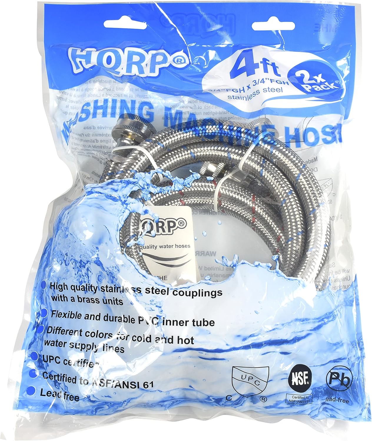 HQRP Premium Stainless Steel Washing Machine Hoses, 4-FT Burst Proof, 2-pack Red and Blue Striped