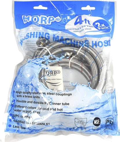 HQRP Premium Stainless Steel Washing Machine Hoses, 4-FT Burst Proof, 2-pack Red and Blue Striped