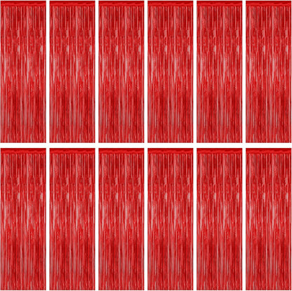 Regine Switzerland Red Curtains - 12 Pack Metallic Fringe Tinsel Backdrop | 3.28 FT x 7.05 FT Party Decor