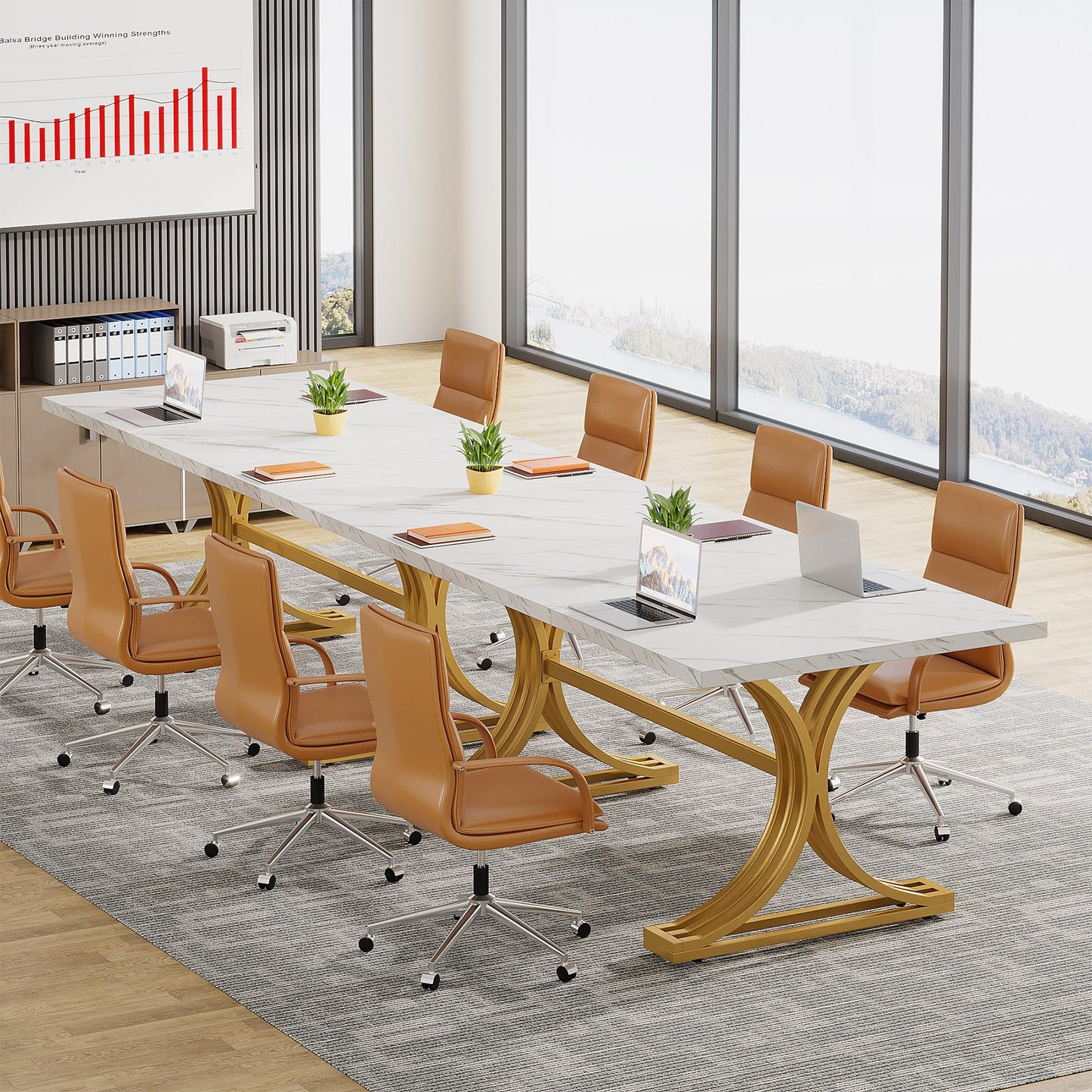 Tribesigns 10.5FT Conference Table, Modern Meeting Table for 8-10 People, Rectangle Seminar Boardroom Table for Office Conference Room with Stylish Legs (4, White + Gold)