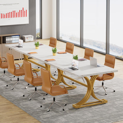 Tribesigns 10.5FT Conference Table, Modern Meeting Table for 8-10 People, Rectangle Seminar Boardroom Table for Office Conference Room with Stylish Legs (4, White + Gold)