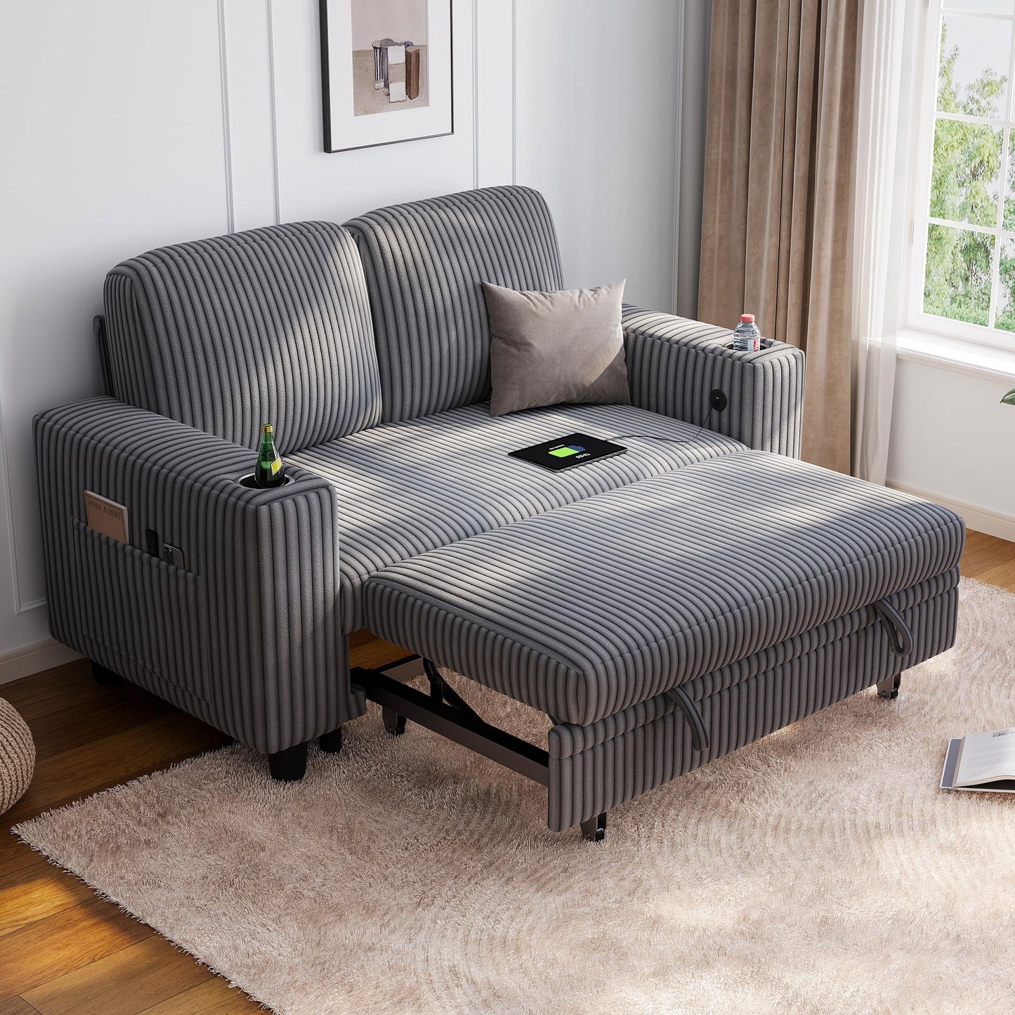 LINSY HOME Sectional Sleeper Sofa Pull Out Couches for Living Room (Grey, Pull Out Couch) | Pull Out Sofa Bed, Storage, USB Charging, Cup Holders, Plush Corduroy
