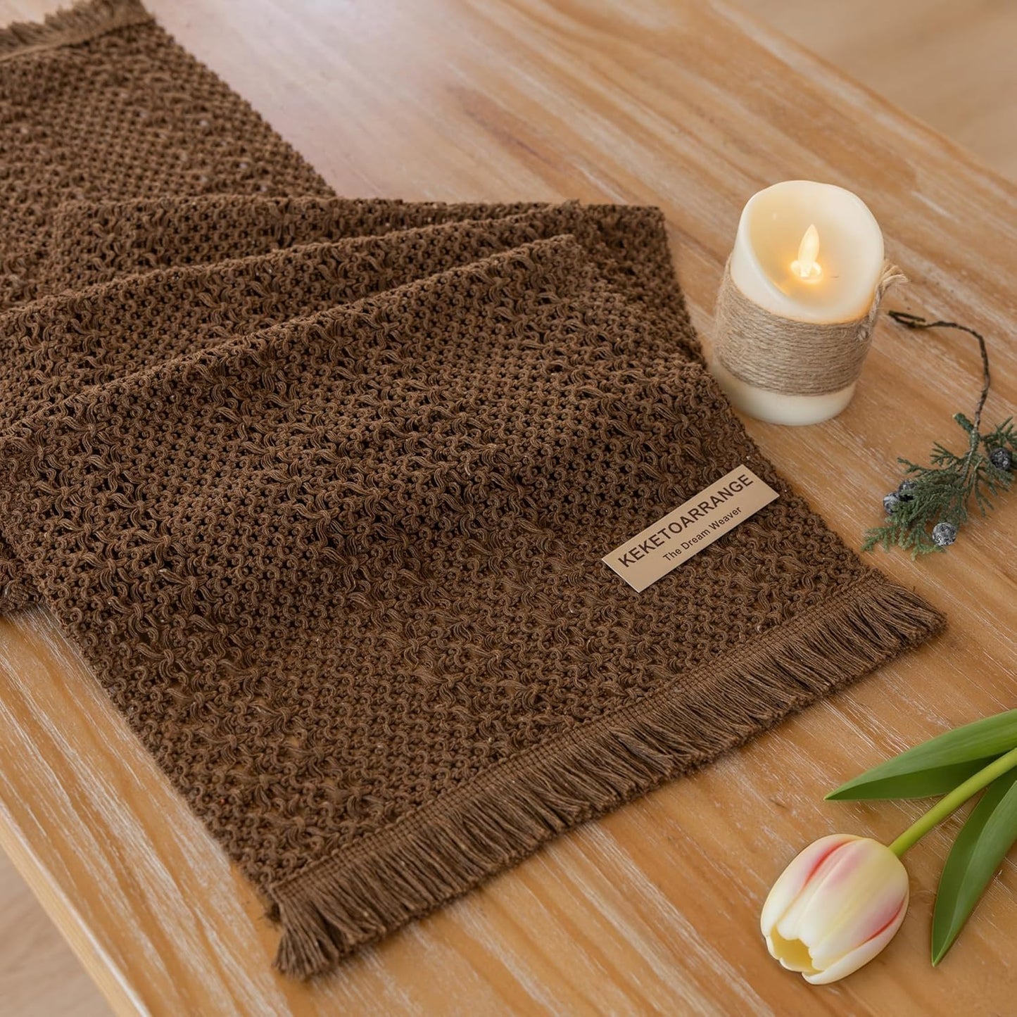 13x90 Inches Keketoarrange Boho Brown Table Runner for Home Decor Farmhouse Macrame Woven Burlap Jute Rustic Coffee