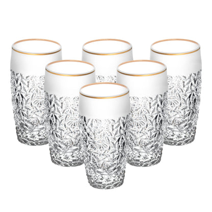 Barski - European Quality Glass - Crystal - Set of 6 - Highball - Hiball Tumblers - 16 oz. - Raindrop Design with Frosted Border and Gold Rim on Tumbler - Glasses are Made in Europe