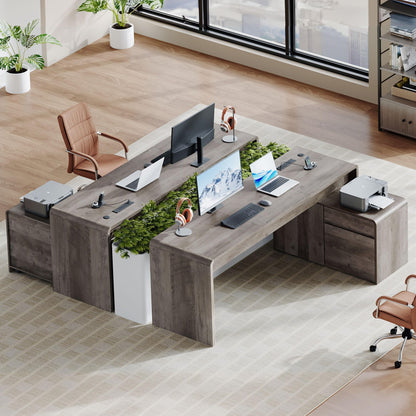 Homiflex Mid-Century Modern 78" L-Shaped Executive Desk with Independent Mobile File Cabinet, Large Home Office Desk with Drawers and 4 AC + 2 USB Power Outlets, Waterfall Edge Design, Oak Grey
