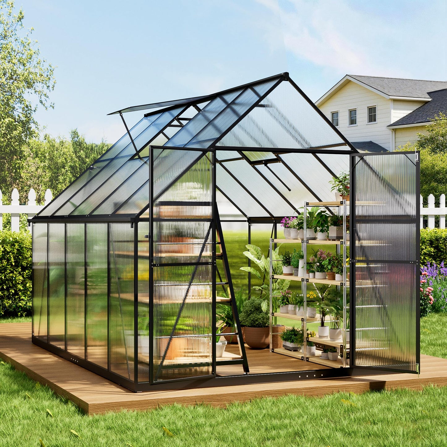 ASJMR 8×10 PC Outdoor Greenhouse, Green Houses for Outside with Aluminum Frame, Lockable Door & Adjustable Roof Vent - Heavy Duty Green Houses for Outside, Backyard, Garden, Patio Use (8×10)