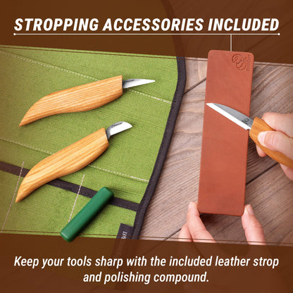 BeaverCraft Wood Carving Knife Kit S15 Whittling Kit for Beginners, Kids - Wood Carving Tools Set with Detail Chip Knife Sloyd Whittling Knives & Leather Strop, Polishing Compound and Tutorials
