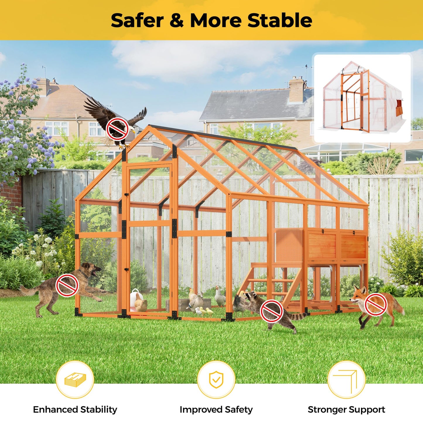 COZIWOW Chicken Coop with Full Waterproof Cover, 9' Extra Large Wooden Chicken House for 10-15 Chickens, 4 Nesting Boxes & Roosting Bars, Outdoor Walk-in Poultry Run, Orange