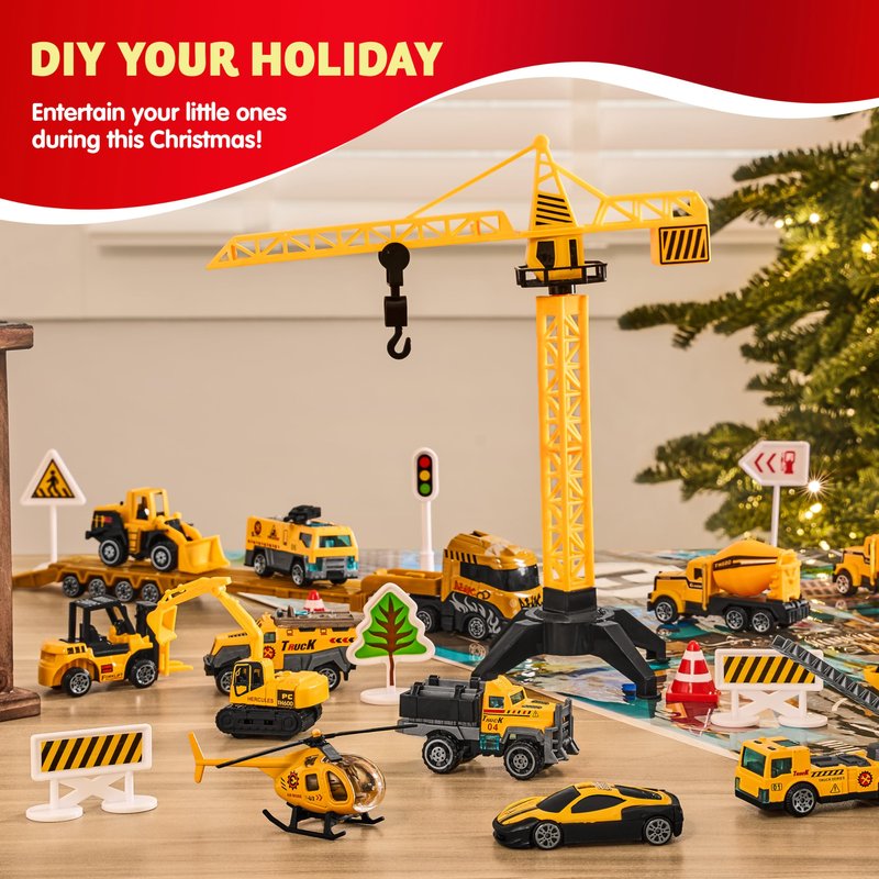 JOYIN 2025 Christmas Advent Calendar Engineering Vehicle, 24 Days Christmas Countdown Alloy Construction Engineering Vehicle for Kids, Vehicles City Construction Cars, Xmas Party Favors Supplies