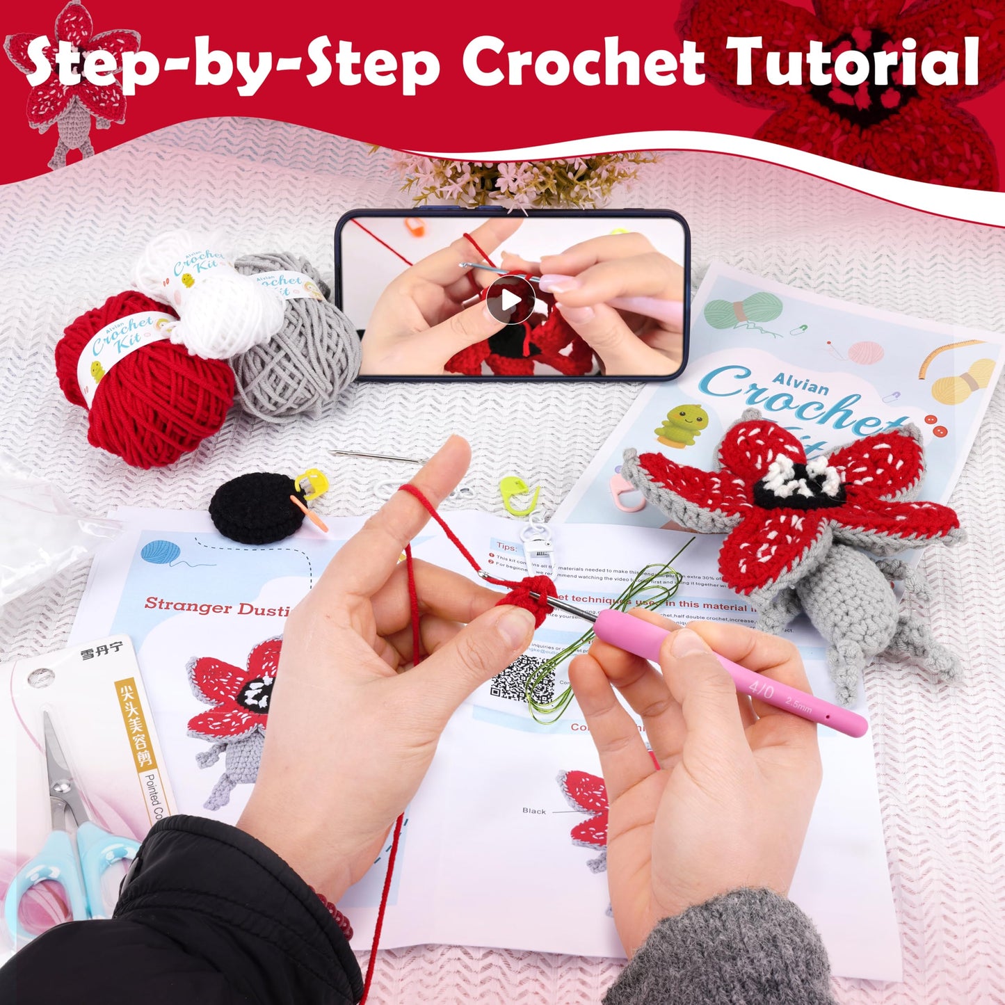 Alvian Monster Crochet Kit for Beginners – Amigurumi Demogorgon-Inspired Keyring DIY Craft with Step-by-Step Video Tutorial All-in-One Crochet Starter Kit with Yarn & Tools