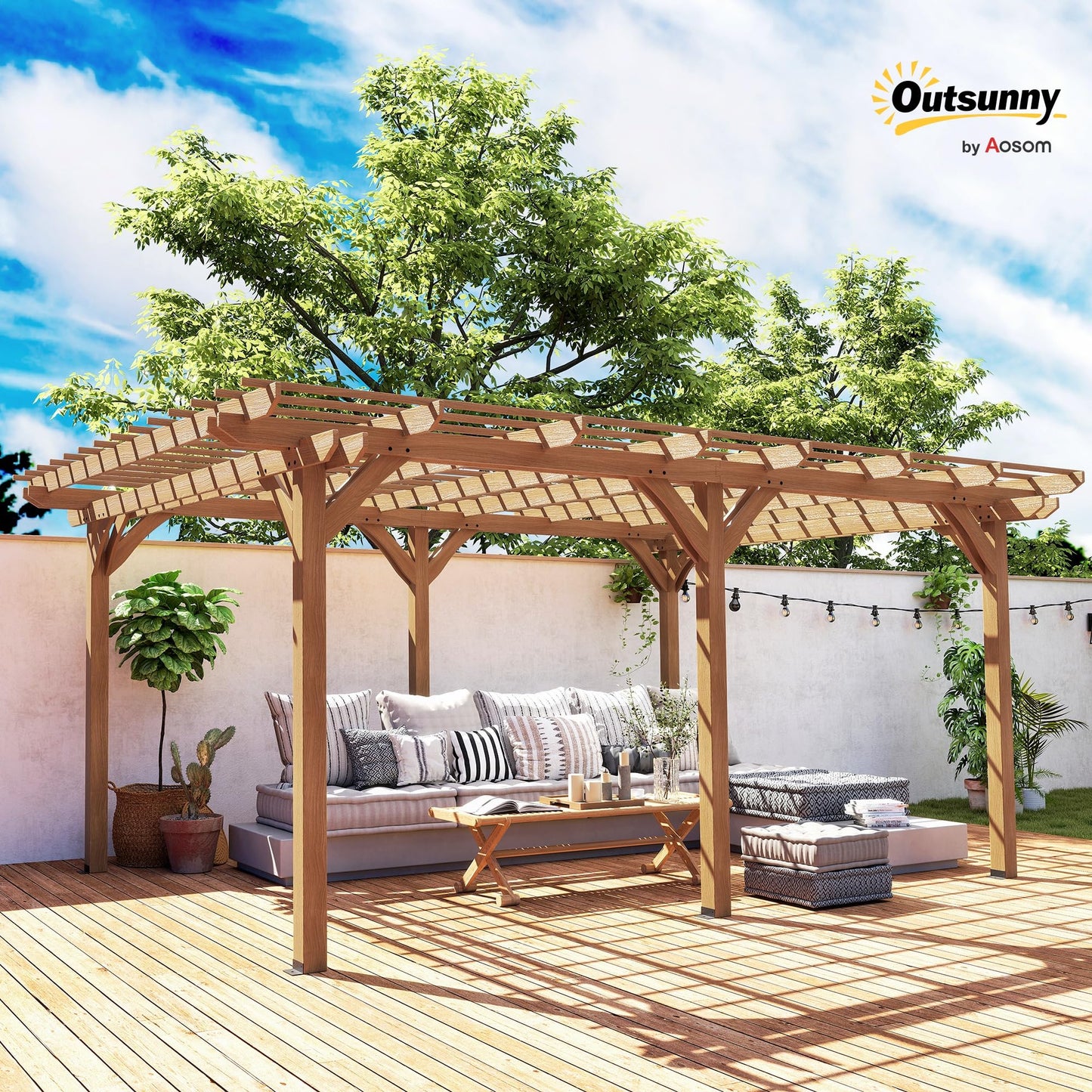 Outsunny 12' x 16' Outdoor Pergola, Wood Gazebo Grape Trellis with Stable Structure for Climbing Plant Support, Garden, Patio, Backyard, Deck, Brown