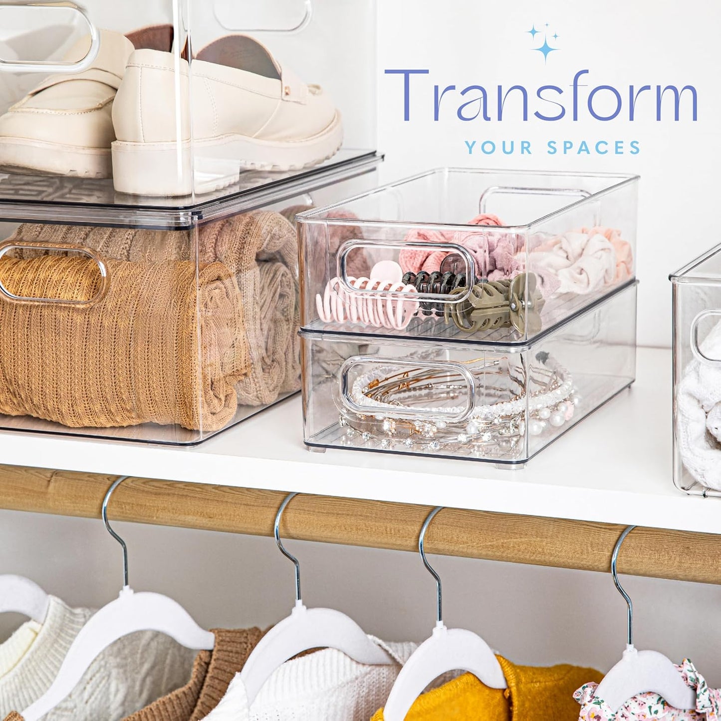 Plastic Food Storage 2 Pack Clear Container Bin with Handles for Kitchen, Pantry, Refrigerator, Stackable 10”x6”x3”