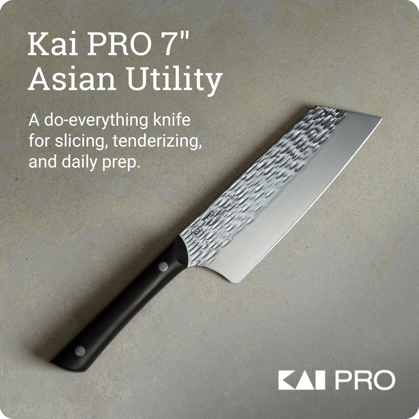 Kai PRO 7" Asian Utility Knife, Hand Sharpened Japanese Kitchen Knife Ideal for Stir Fry, Japanese AUS6M Stainless Steel Blade, Full-Tang POM Handle, NSF Certified, For Professional and Home Chefs
