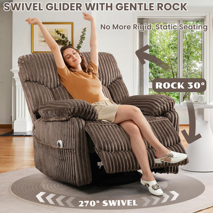 GRAINELL Swivel Rocker Recliner Chair with Massage and Heat, USB Charging Port, Infinite Position Power Recliner, Electric Glider Rocking Chairs for Living Room, Nursery (Brown)