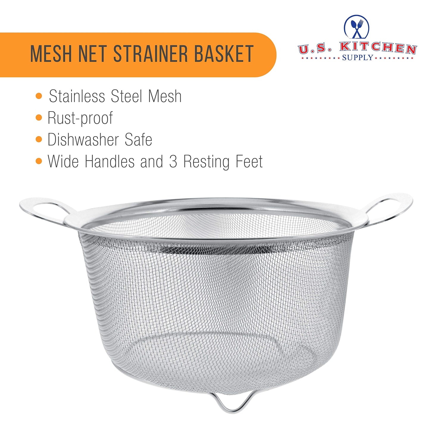 U.S. Kitchen Supply Stainless Steel Colander Strainer Basket - 3-Quart Colander with Resting Feet & Handles - Wide Rim Sieve, Stainless Steel Strainers and Colanders for Kitchen