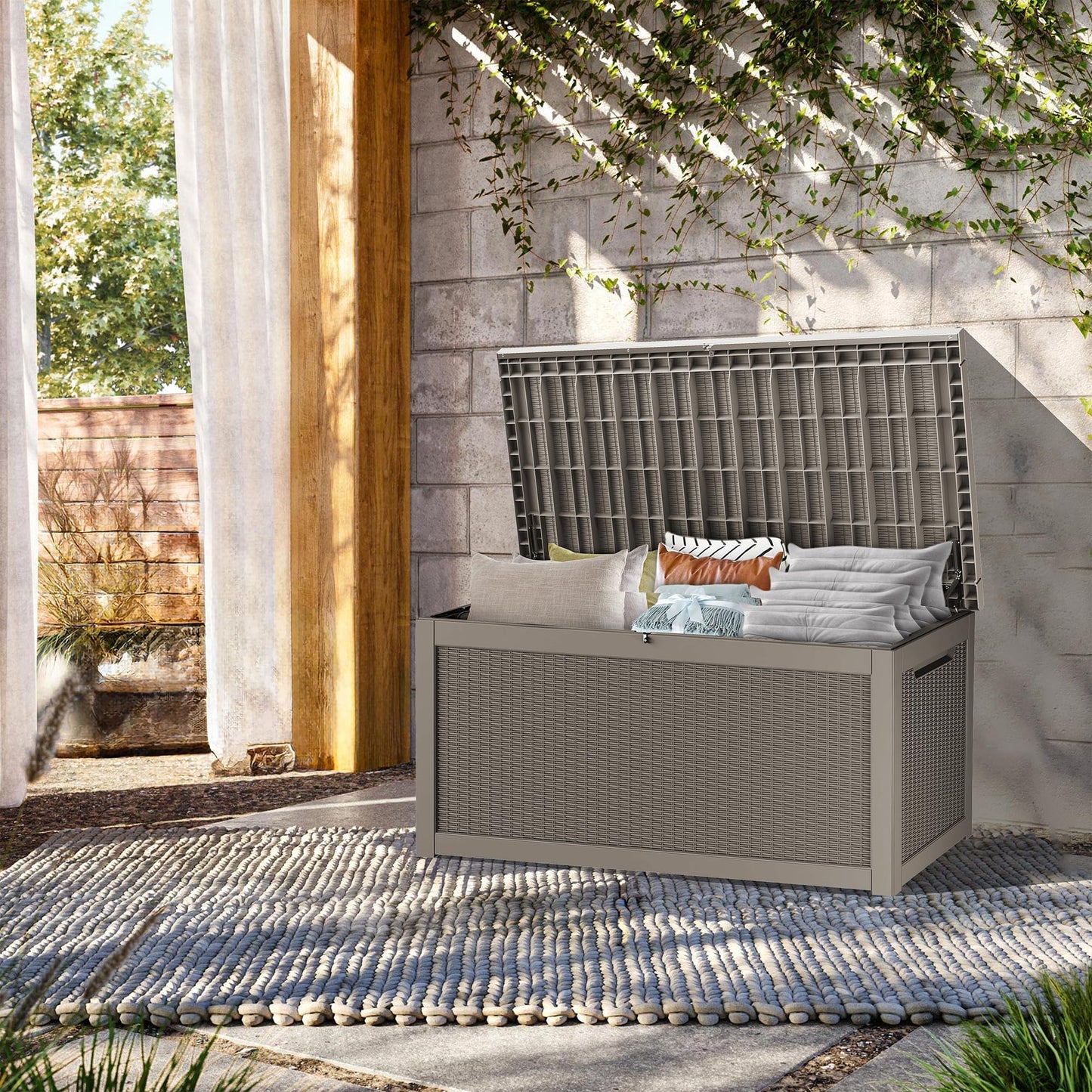 TARKARI 320 Gallon Lockable Resin Deck Box, Waterproof & UV-Resistant Outdoor Storage Box for Outdoor Cushion Storage, Garden Tools & Pool Accessories Storage, Gray