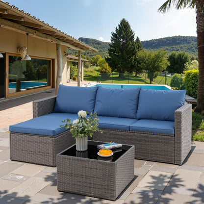 Shintenchi 4 Pieces Patio Furniture Sets, Outdoor Sofa Patio Sectional Sets All Weather, 2-in-1 Wicker Rattan Sofa Couch with Cushions & Coffee Table for Yard, Garden, Porch, Poolside (Navy Blue)