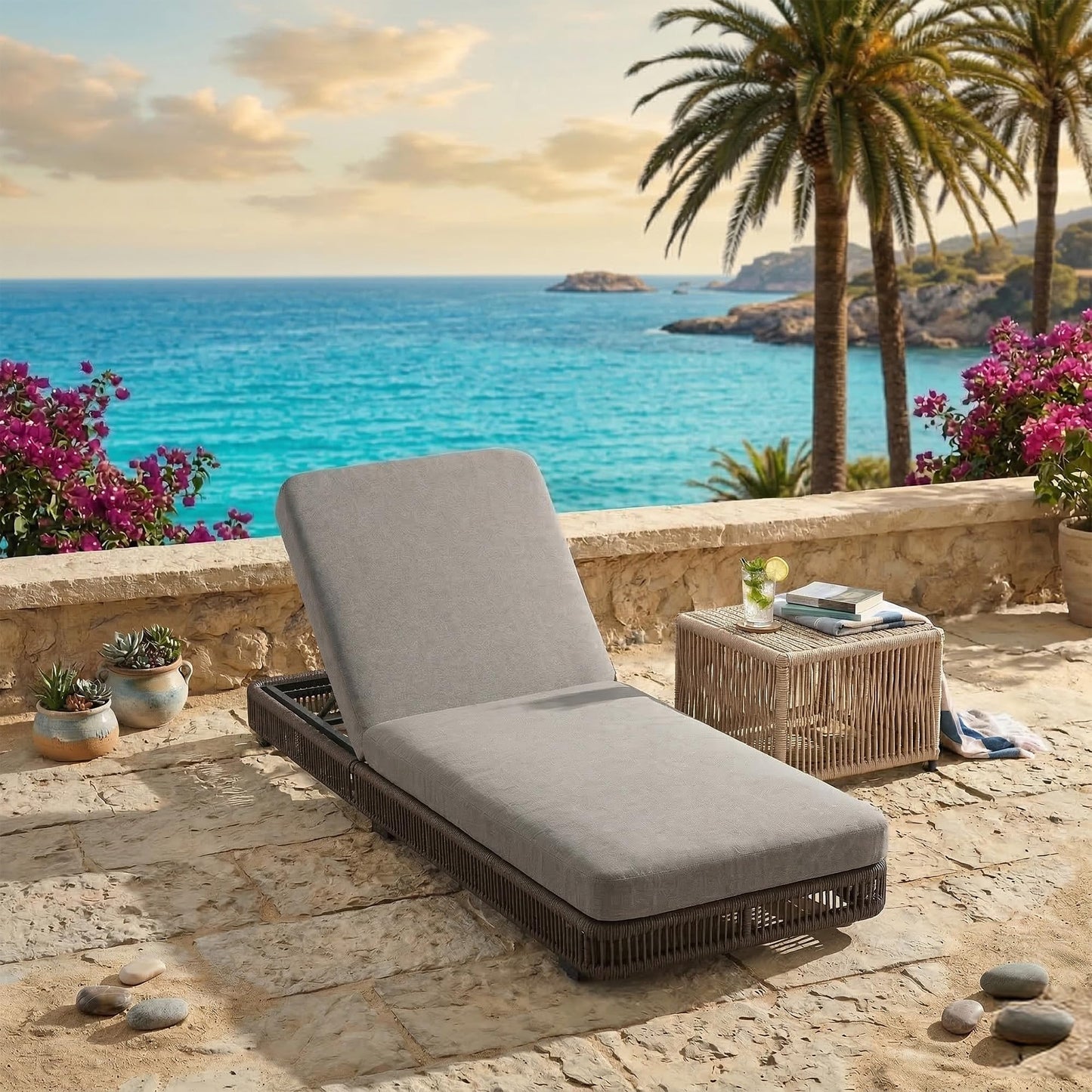 Outdoor Chaise Lounge Chair, 5-Position Adjustable Backrest, All-Weather Grey PE Rattan Wicker Recliner with 5 Inch Grey Cushion, Water-resistant Patio Lounge Chair for Poolside, Beach, Backyard