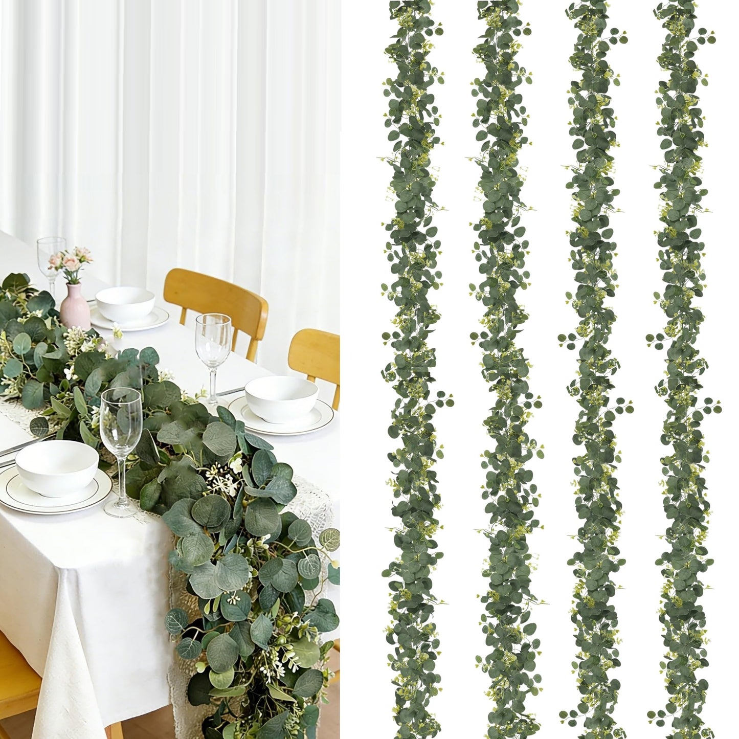 YNHFIFI 4Pcs Eucalyptus Garland, 6FT Green Garland with Flowers, Artificial Faux Greenery Vines for Wedding Party Table Centerpieces Runner Room Home Mantle Decor