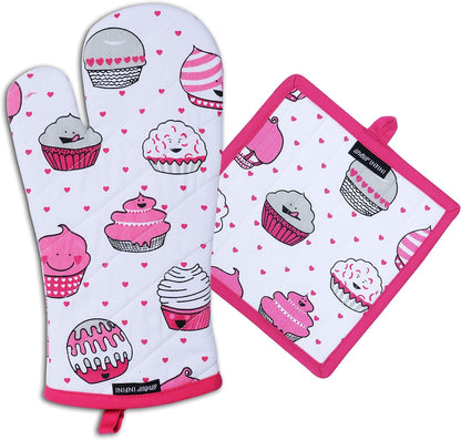 AMOUR INFINI Pot Holders and Oven Mitt Set, Heat Resistant Non Slip Reusable Oven Gloves for Cooking