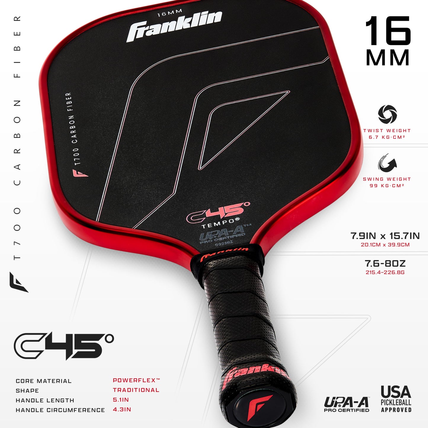 Franklin Sports PRO Pickleball Paddles – C45 Carbon Fiber Series - Official USAP + UPA Approved – Pro Player Design, TEMPO 16MM RED