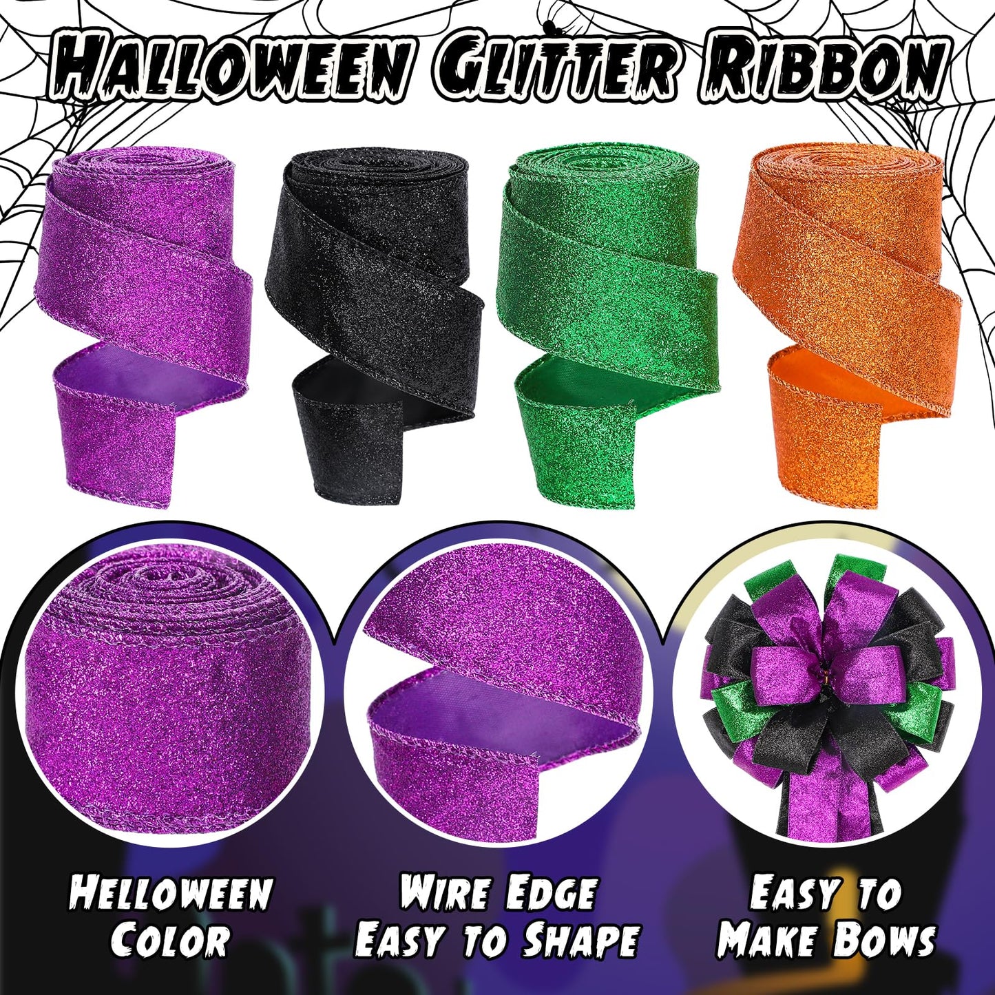 Whaline 40 Yards Halloween Glitter Wired Ribbon Green Orange Purple Black Gift Wrapping Ribbon Halloween Decorative Ribbons for Crafts Bow Wreath DIY Gift Wrapping Supplies, 4 Rolls
