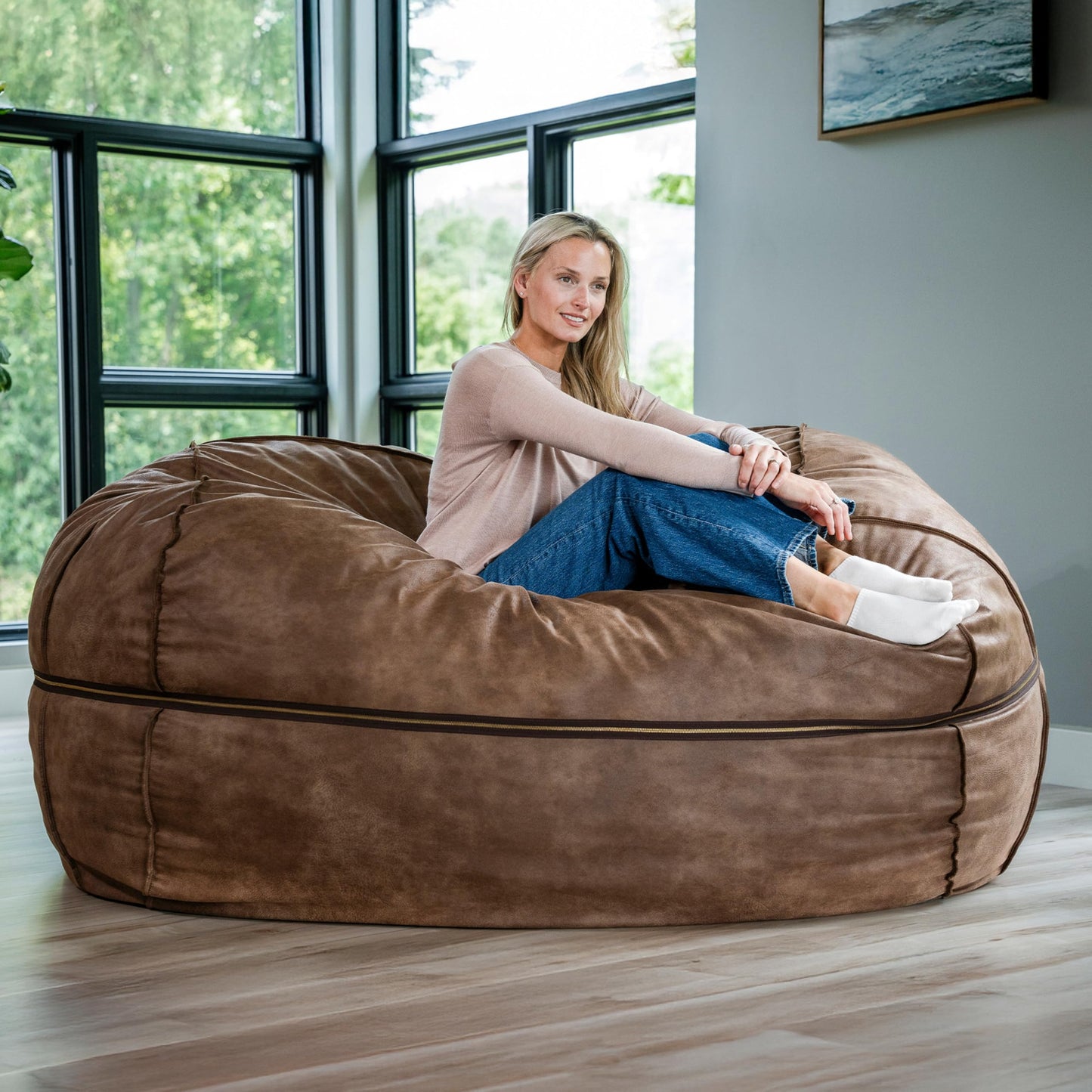 Big Joe Fuf 8Ft Giant Foam Bean Bag Chair, Oversized Couch with Removable Cover for Kids, Teens, Adults, Coffee Soft Vegan Leather, 8 Foot