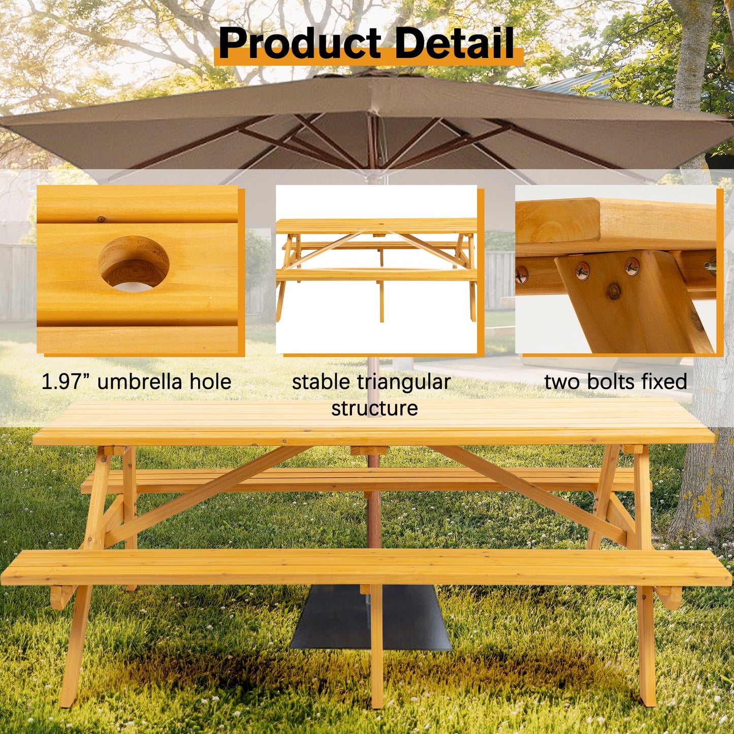 RocVanc Premium Picnic Tables Outdoor Wooden Picnic Table Set with Benches & Umbrella Hole - Stylish and Spacious Seating for 6-8 People - Perfect for Backyard, Porch, and Garden Gatherings