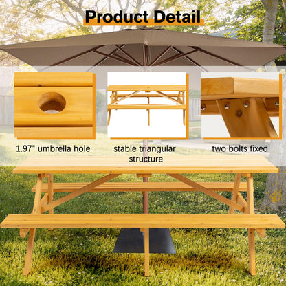 RocVanc Premium Picnic Tables Outdoor Wooden Picnic Table Set with Benches & Umbrella Hole - Stylish and Spacious Seating for 6-8 People - Perfect for Backyard, Porch, and Garden Gatherings