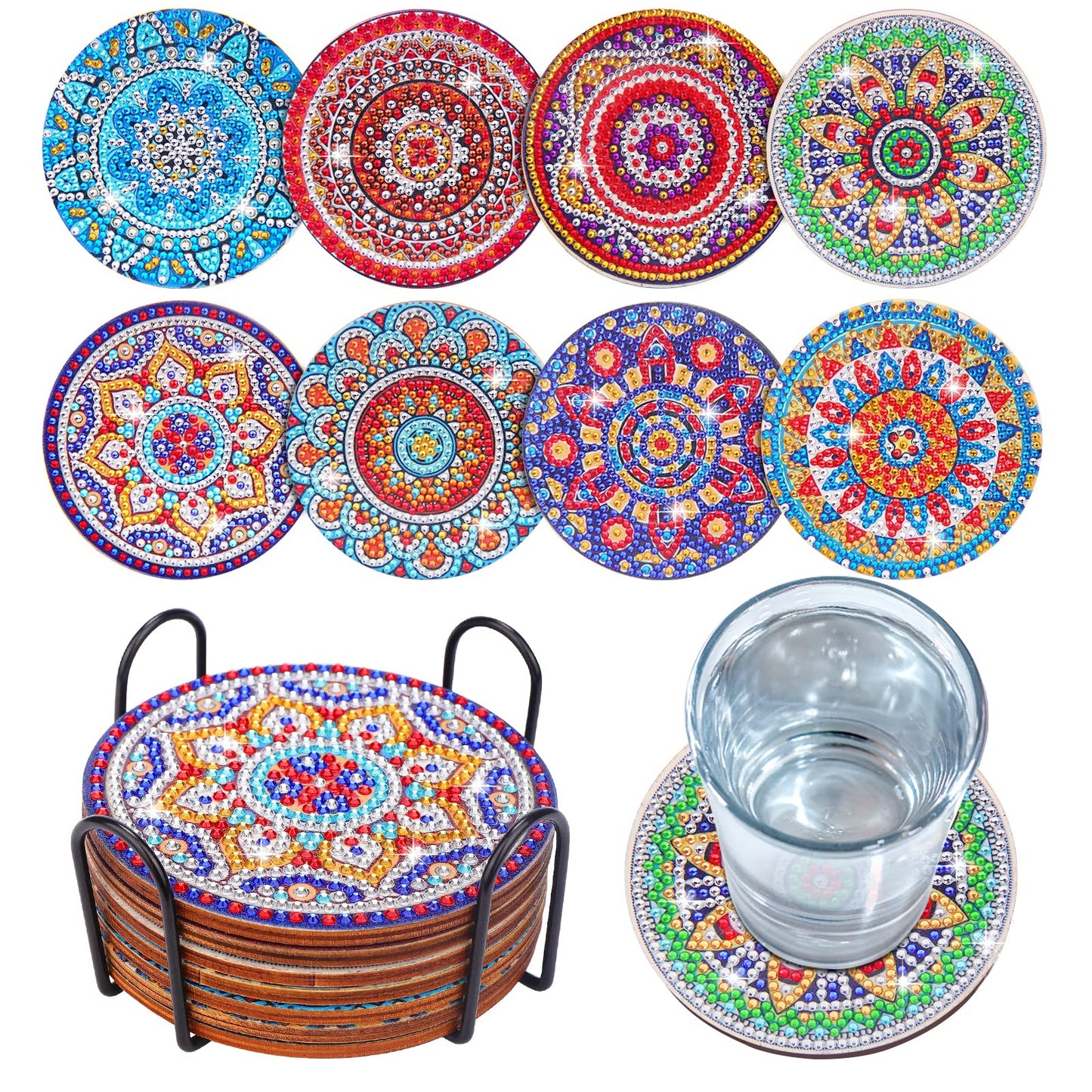 BSRESIN 8 Pcs Coasters with Holder, Mandala DIY Diamond Art Crafts for Adults, Small Diamond Painting Kits Accessories