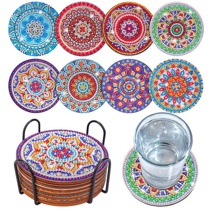 BSRESIN 8 Pcs Coasters with Holder, Mandala DIY Diamond Art Crafts for Adults, Small Diamond Painting Kits Accessories