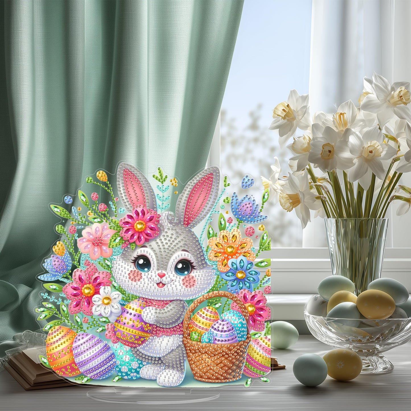 Yunzlly Easter Diamond Art Tabletop Kit, Desktop Gem Painting Ornament Kit for Adults, Table Top Acrylic Diamond Board Painting with Stand (Easter Bunny)