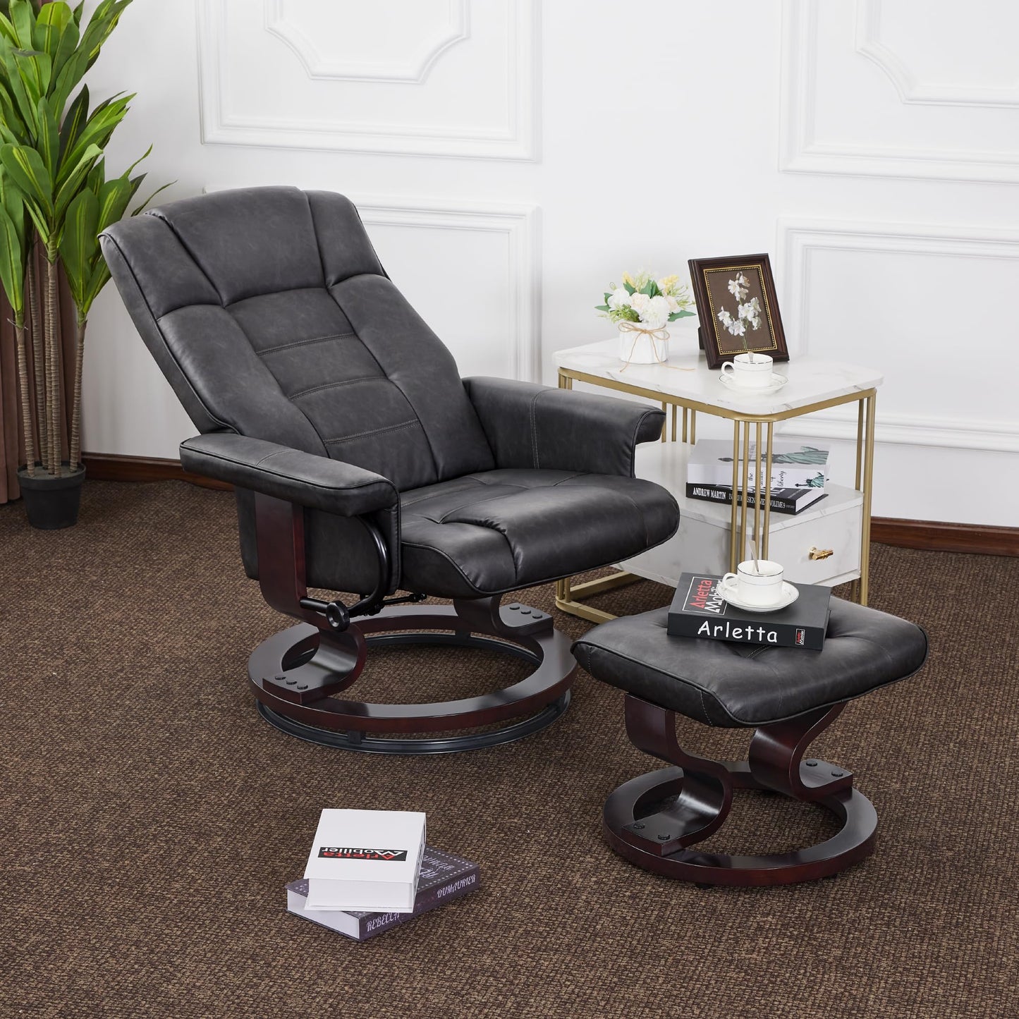 MCombo Manual Swivel Recliner with Ottoman, Chair Ottoman Set for RV Small Spaces, Living Room, Bedroom, Office 9019 4919 (Faux Leather, Dark Grey)